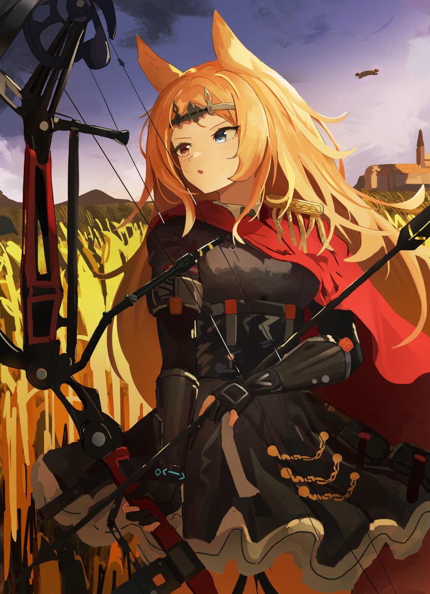 1girl absurdres animal_ears archetto_(arknights) arknights arrow_(projectile) black_dress blonde_hair blue_eyes bow_(weapon) cape compound_bow dress epaulettes gloves heterochromia highres holding holding_bow_(weapon) holding_weapon long_hair open_mouth outdoors partially_fingerless_gloves red_cape red_eyes single_epaulette solo weapon wheat_field zhoulao