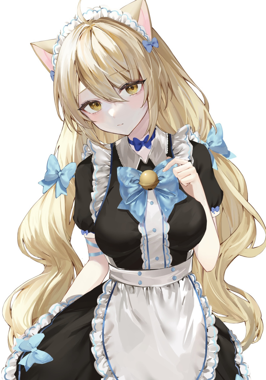 1girl ahoge animal_ears apron arm_ribbon bell black_dress blonde_hair blue_bow blue_bowtie bow bow_choker bowtie cat_ears cat_girl closed_mouth collared_dress commentary_request commission cowboy_shot dress hair_bow hand_up highres long_hair looking_at_viewer maid maid_apron maid_headdress original puffy_short_sleeves puffy_sleeves raiya_atelier ribbon short_sleeves simple_background skeb_commission solo very_long_hair white_apron white_background yellow_eyes