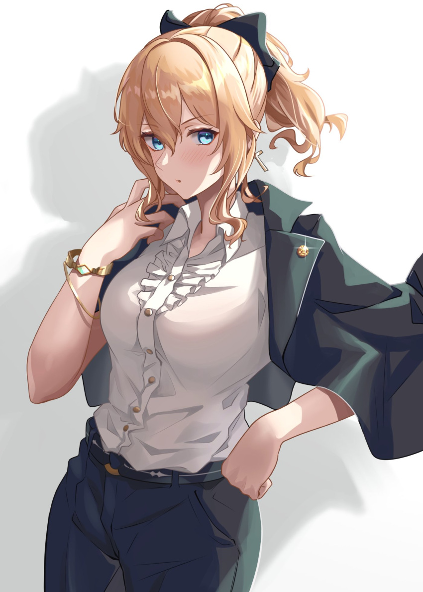 1girl alternate_costume arm_up belt blonde_hair blue_eyes breasts center_frills chestnut_mouth collared_shirt frills genshin_impact gold_bracelet green_jacket green_pants hand_on_own_hip high_ponytail highres jacket jean_(genshin_impact) looking_away medium_breasts mon-chan open_clothes open_jacket open_mouth pants ponytail shadow shirt short_sleeves simple_background solo standing white_background white_shirt