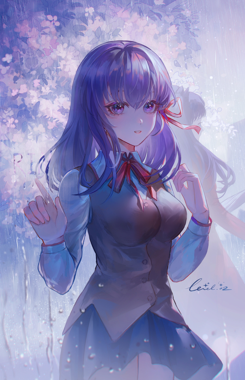 1girl absurdres black_skirt breasts cherry_blossoms fate/stay_night fate_(series) hair_ribbon highres homurahara_academy_school_uniform large_breasts level02 looking_at_viewer matou_sakura purple_hair ribbon school_uniform skirt uniform violet_eyes