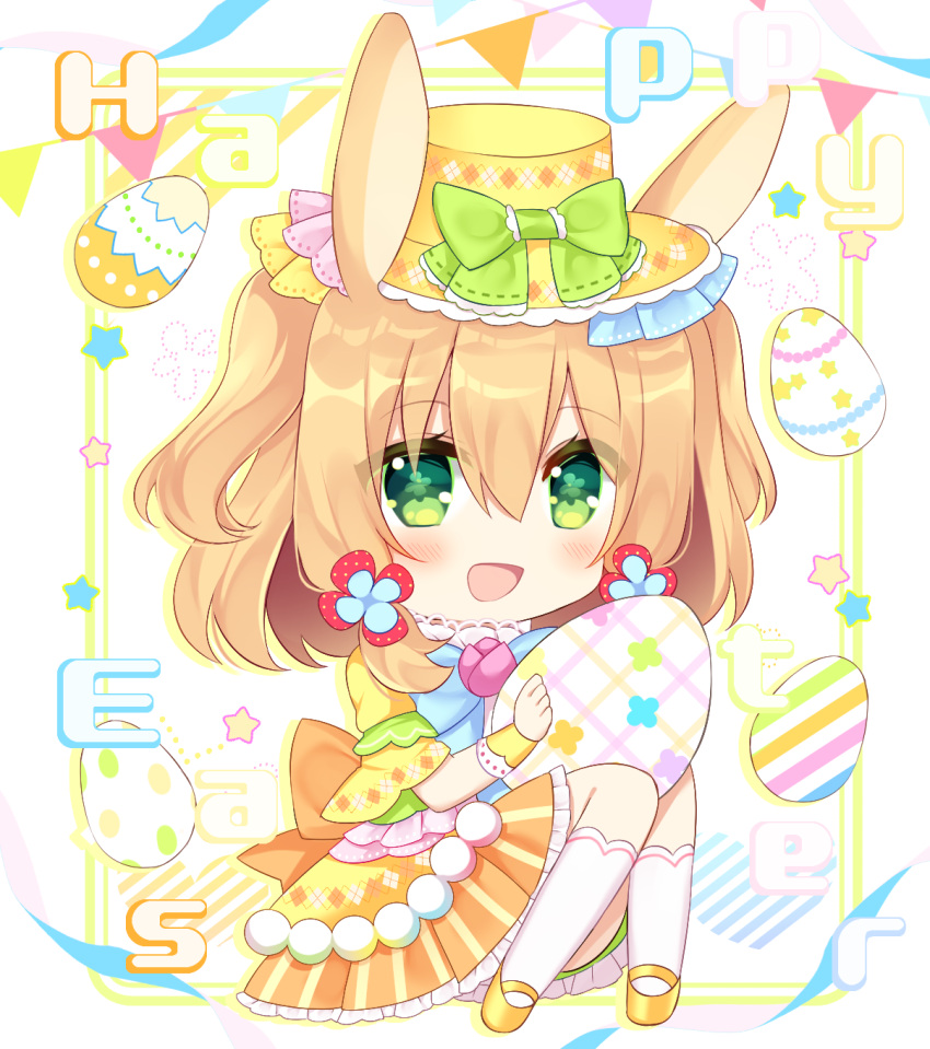 1girl :d animal_ears blush bow brown_hair chibi commentary_request easter egg frilled_skirt frills full_body green_bow green_eyes hair_between_eyes happy_easter hat hat_bow highres holding kneehighs looking_at_viewer original pennant pleated_skirt puffy_short_sleeves puffy_sleeves rabbit_ears shikito shoes short_sleeves skirt smile socks solo string_of_flags striped striped_skirt two_side_up vertical-striped_skirt vertical_stripes white_background white_socks wrist_cuffs yellow_footwear yellow_headwear