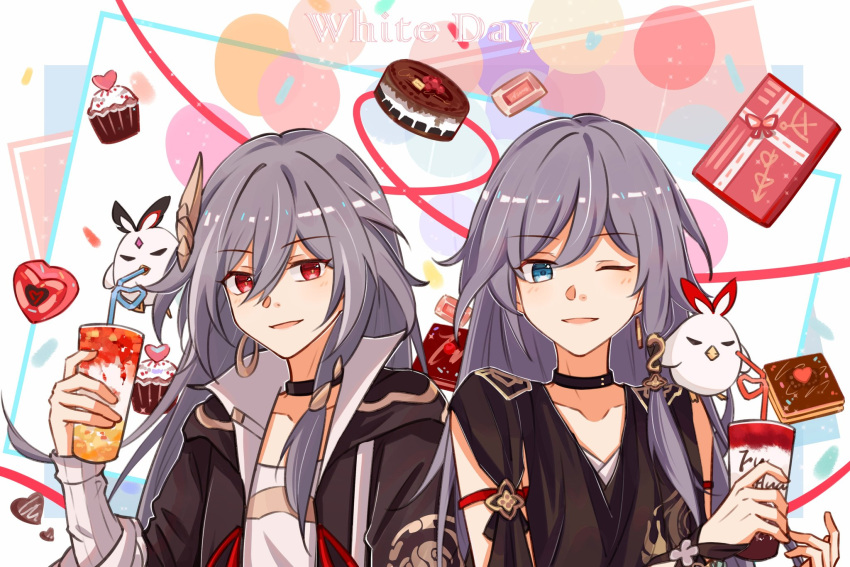 2girls animal bird black_choker black_jacket blue_eyes box choker collarbone commentary_request crazy_straw cup cupcake drinking_straw food fu_hua fu_hua_(herrscher_of_sentience) gift gift_box grey_hair hair_between_eyes highres holding holding_cup honkai_(series) honkai_impact_3rd jacket layered_sleeves long_hair long_sleeves looking_at_viewer multiple_girls one_eye_closed open_clothes open_jacket parted_lips red_eyes shirt smile upper_body white_background white_shirt wo_de_yanlei_haoji_dun