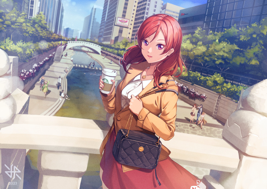 6+girls 6+others bag character_request city dated handbag highres hiroki_ree jacket looking_at_viewer love_live! multiple_girls multiple_others nishikino_maki product_placement red_skirt redhead seoul shirt skirt smile starbucks violet_eyes white_shirt yellow_jacket