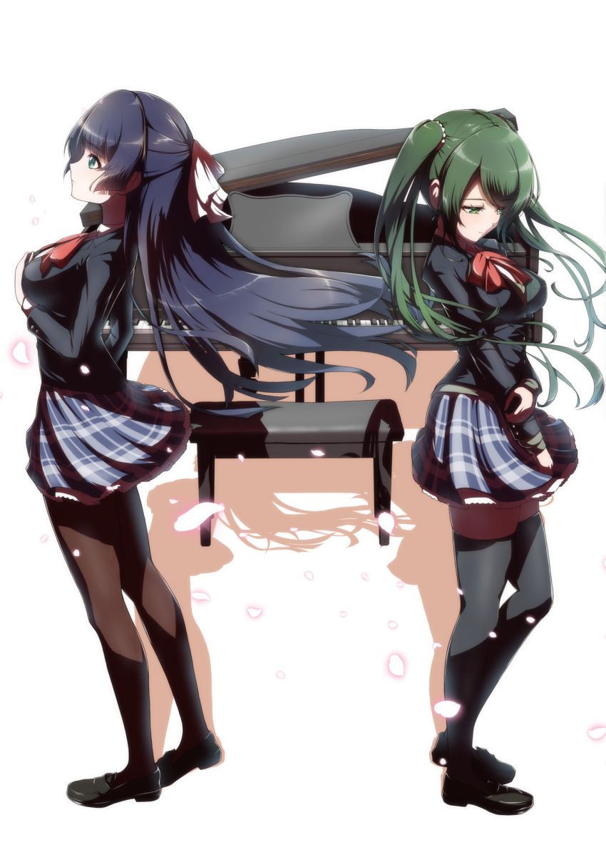 2girls aqua_eyes arm_at_side black_footwear black_hair black_jacket black_thighhighs blazer blue_skirt blunt_bangs bow bowtie breasts brown_pantyhose buttons closed_mouth collared_shirt commentary_request d4dj falling_petals floating_hair from_side full_body grand_piano green_eyes green_hair hair_bow half_updo hand_on_own_arm hand_on_own_chest hand_up highres hiraken instrument jacket loafers long_hair long_sleeves looking_away looking_down looking_up medium_breasts miniskirt multiple_girls pantyhose petals piano piano_bench plaid plaid_skirt profile red_bow red_bowtie school_uniform shadow shimizu_esora shirt shoes simple_background skirt standing swept_bangs thigh-highs togetsu_rei twintails very_long_hair white_background white_bow white_shirt zettai_ryouiki