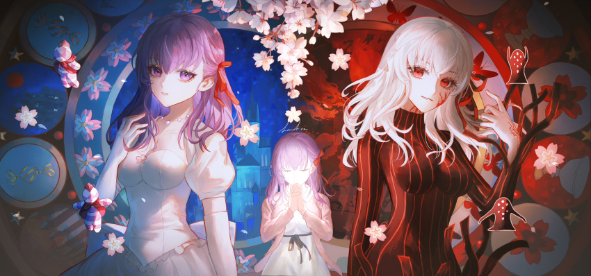 absurdres black_dress breasts cherry_blossoms dress fate/stay_night fate_(series) heaven's_feel highres large_breasts level02 looking_at_viewer matou_sakura purple_hair red_eyes violet_eyes white_dress white_hair