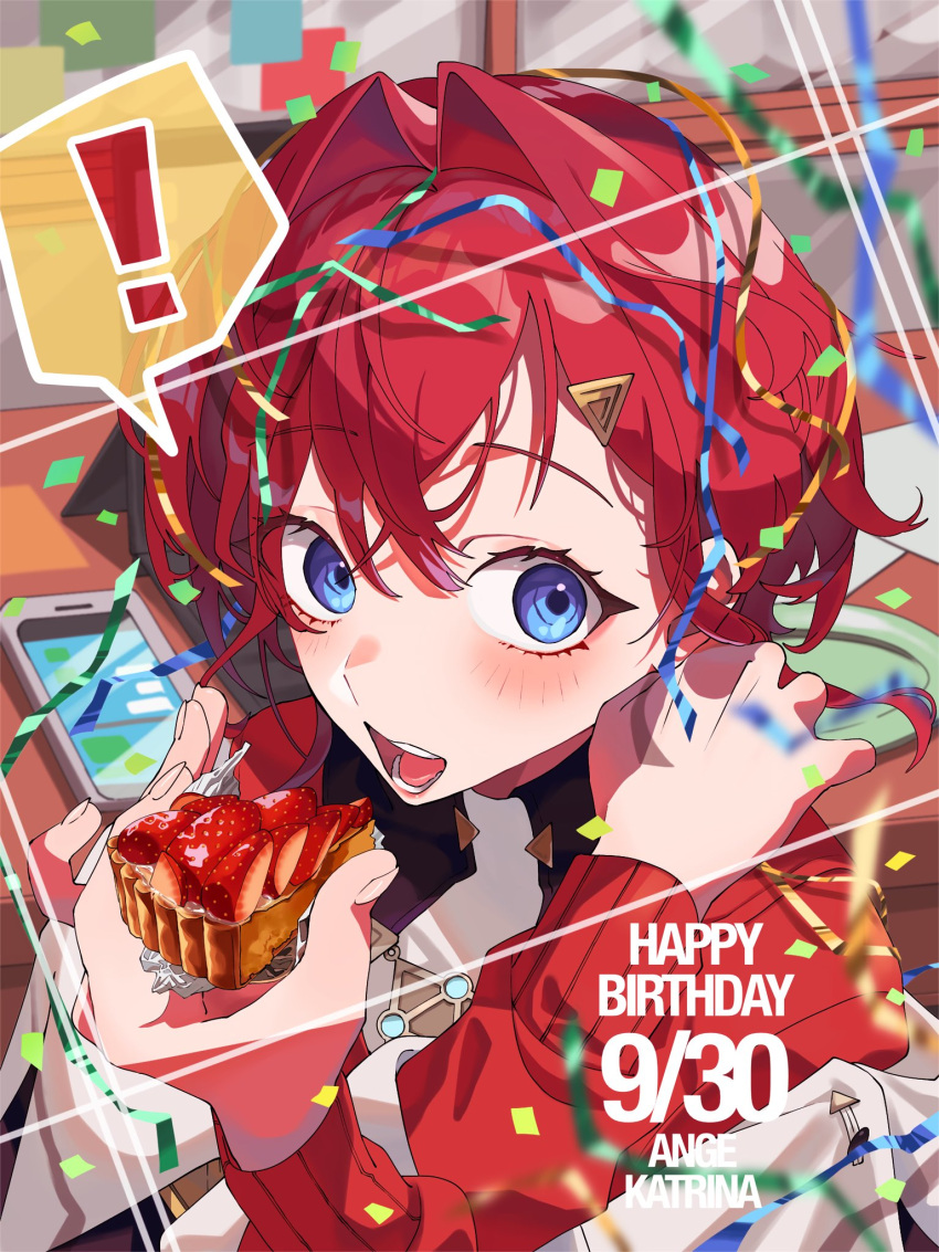 ange_katrina arm_on_shoulder binnaga_maguro birthday blue_eyes blush cardigan cheesecake confetti eating english_commentary food hair_between_eyes hair_intakes highres looking_to_the_side nijisanji off_shoulder open_mouth red_cardigan redhead surprised triangle_hair_ornament virtual_youtuber
