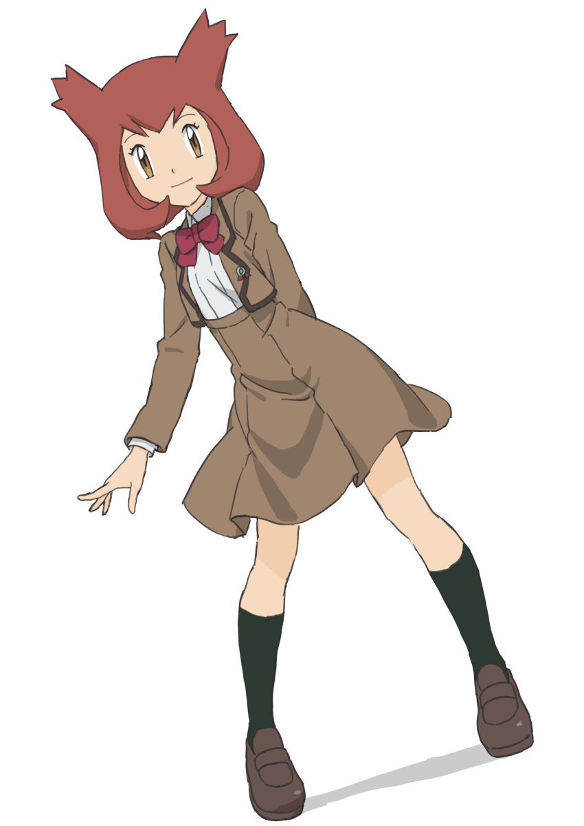 1girl arm_behind_back bianca_(pokemon_heroes) black_socks bow bowtie brown_eyes brown_footwear brown_hair brown_jacket brown_skirt closed_mouth commentary_request cosplay eyelashes flipped_hair full_body high-waist_skirt highres ia_(ilwmael9) jacket kneehighs long_sleeves pokemon pokemon_(anime) pokemon_(classic_anime) pokemon_heroes:_latios_&amp;_latias pokemon_horizons school_uniform shirt shoes skirt smile socks solo standing two_side_up white_background white_shirt