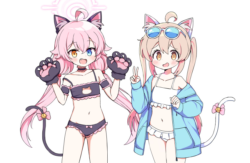 2girls absurdres ahoge animal_ears animal_hands bare_shoulders bell bikini bikini_skirt blue-tinted_eyewear blue_archive blue_eyes blue_jacket blush bow bow_panties bra cat_ears cat_lingerie cat_tail choker collarbone commentary cosplay costume_switch cowboy_shot crossed_bangs double-parted_bangs eyewear_on_head fake_animal_ears fake_tail fang flat_chest frilled_bikini frilled_bra frilled_choker frilled_panties frills gloves hair_between_eyes hair_bobbles hair_ornament hands_up heterochromia highres hoshino_(blue_archive) hoshino_(blue_archive)_(cosplay) hoshino_(swimsuit)_(blue_archive) jacket jingle_bell light_brown_hair long_sleeves look-alike low_twintails meme_attire multiple_girls navel off_shoulder onii-chan_wa_oshimai! open_mouth oyama_mahiro oyama_mahiro_(cosplay) panties parted_bangs paw_gloves pink_bow pink_hair pink_halo puffy_long_sleeves puffy_sleeves purple_bra purple_choker purple_tail sidelocks simple_background sleeve_cuffs spaghetti_strap sunglasses swimsuit tail tail_bell tail_bow tail_ornament tinted_eyewear twintails underwear v white-framed_eyewear white_background white_bikini white_tail yellow_eyes yukki_bunny