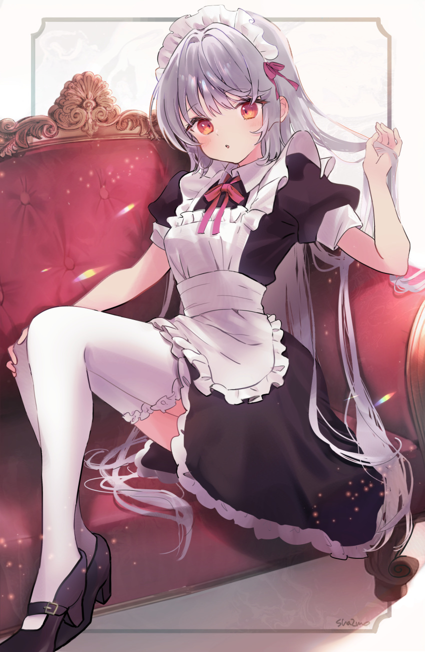 1girl :o absurdres apron black_dress black_footwear breasts commentary_request couch dress frilled_apron frilled_dress frills grey_background grey_hair hand_up high_heels highres holding holding_hair long_hair looking_at_viewer maid maid_headdress on_couch original parted_lips puffy_short_sleeves puffy_sleeves red_eyes sha2mo shoes short_sleeves signature sitting small_breasts solo thigh-highs very_long_hair white_apron white_thighhighs