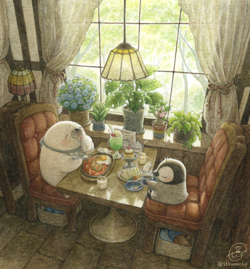 bear bird blush chair closed_eyes cup day food food_request hanging_light highres holding holding_cup holding_spoon ice_cream indoors napkin no_humans original penguin plant plate polar_bear potted_plant sitting spoon st.kuma sundae twitter_username window