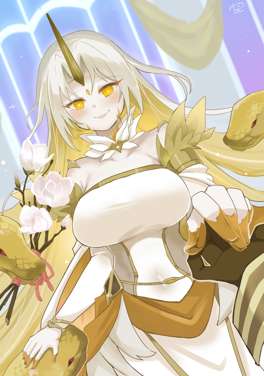 1girl 1other absurdres alternate_costume ambiguous_gender blonde_hair blush breasts bride_(fire_emblem) brown_gloves closed_mouth colored_inner_hair commentary_request commission covered_navel dated detached_collar dress fire_emblem fire_emblem_heroes flower gloves grey_hair gullveig_(fire_emblem) highres horns kiran_(fire_emblem) large_breasts lips long_hair looking_at_viewer multicolored_hair pale_skin pink_lips pov pov_hands rose signature single_horn skeb_commission smile snake snake_hair two-tone_hair very_long_hair wedding_dress white_dress white_flower white_rose yellow_eyes yellow_horns yukia_(firstaid0)
