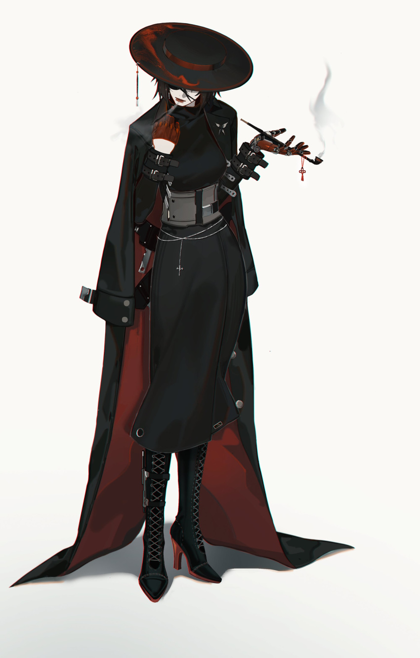 1girl absurdres belly_chain belt black_belt black_dress blowing_smoke boots coat coat_on_shoulders cross dress eyepatch gloves half_gloves hat highres holding holding_smoking_pipe jewelry leather leather_belt leather_boots long_coat long_skirt mechanical_arms nilzynox original red_gloves red_headwear single_glove single_mechanical_arm skirt smoke smoking_pipe solo thigh_boots wide_brim