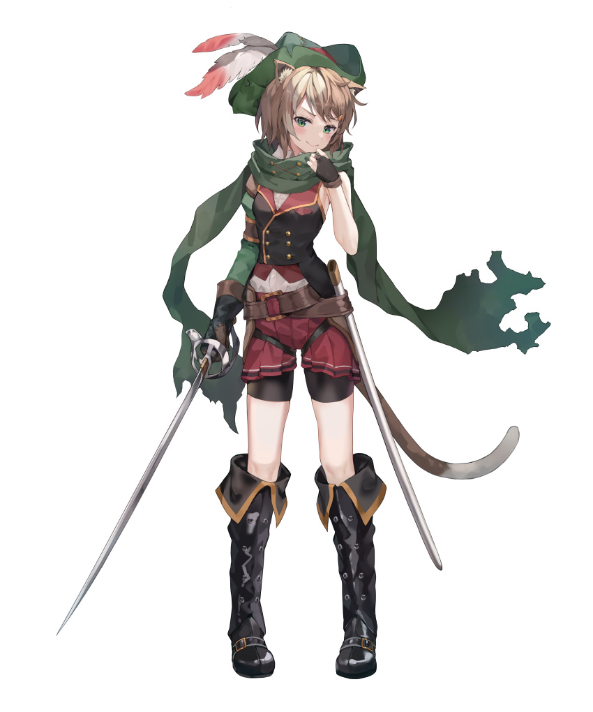 1girl absurdres animal_ears belt boots brown_hair cat_ears cat_girl cat_tail fingerless_gloves full_body gloves green_eyes grimlight hand_up hat_feather highres holding holding_sword holding_weapon huwari_(dnwls3010) official_art pleated_skirt puss_in_boots_(grimlight) scarf sheath short_hair shorts shorts_under_skirt single_sleeve skirt smile solo sword tail torn_scarf weapon