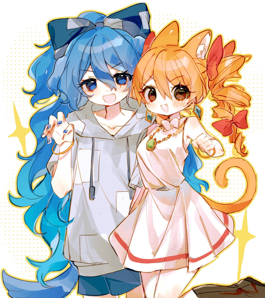 2girls animal_ears bangle blue_bow blue_eyes blue_hair blue_skirt blush boots bow bracelet brown_eyes brown_footwear cat_ears cat_tail dress drill_hair earrings grey_hoodie hair_between_eyes hair_bow highres hood hoodie jewelry light_brown_hair long_hair multiple_girls necklace open_mouth short_sleeves siblings sisters skirt sleeveless sleeveless_dress smile springarashi02 tail touhou twin_drills twintails white_dress yorigami_jo'on yorigami_shion