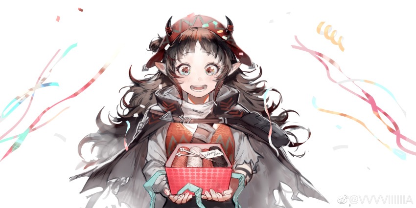1girl :d absurdres arknights bag black_cape black_hair black_skirt blush cape confetti demon_girl demon_horns gradient_hair hat highres horns horns_through_headwear long_hair looking_at_object looking_down multicolored_hair needle open_mouth paprika_(arknights) pointy_ears red_eyes red_headwear red_vest redhead satchel sewing_needle shirt skirt smile solo teeth tongue upper_body vest vvvviiiiiia weibo_logo weibo_username white_shirt yarn