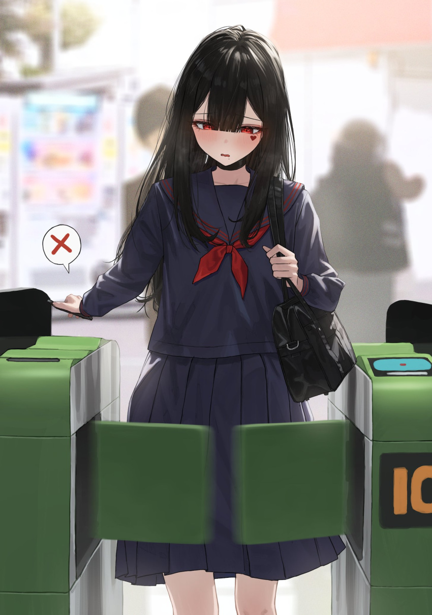 1girl bag black_bag black_choker black_hair blue_sailor_collar blue_serafuku blue_shirt blue_skirt blunt_bangs blurry blurry_background blush choker depth_of_field enokawa_kokoro facial_mark fare_gate hair_between_eyes hara_kenshi heart highres holding holding_phone long_hair long_sleeves looking_down mole mole_under_mouth motion_blur neckerchief open_mouth original phone pleated_skirt red_eyes red_neckerchief sailor_collar school_uniform serafuku shirt shoulder_bag skirt speech_bubble train_station vending_machine wavy_mouth x