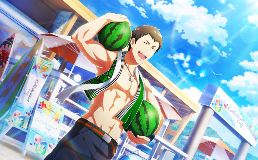 1boy abs belt blue_sky brown_hair closed_eyes fingernails food fruit highres holding holding_food holding_fruit idolmaster idolmaster_side-m idolmaster_side-m_live_on_stage! male_focus muscular muscular_male navel official_art open_mouth shingen_seiji sky teeth topless_male umbrella upper_teeth_only watermelon