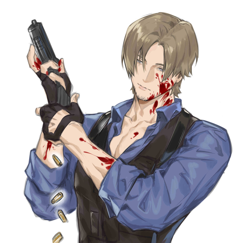 1boy absurdres blood blood_on_face blood_on_hands blue_eyes blue_shirt brown_hair casing_ejection curtained_hair facial_hair fingerless_gloves gloves gun highres holding holding_gun holding_weapon leon_s._kennedy male_focus naijarski pectoral_cleavage pectorals resident_evil resident_evil_6 shell_casing shirt short_hair solo stubble trigger_discipline upper_body vest waistcoat weapon