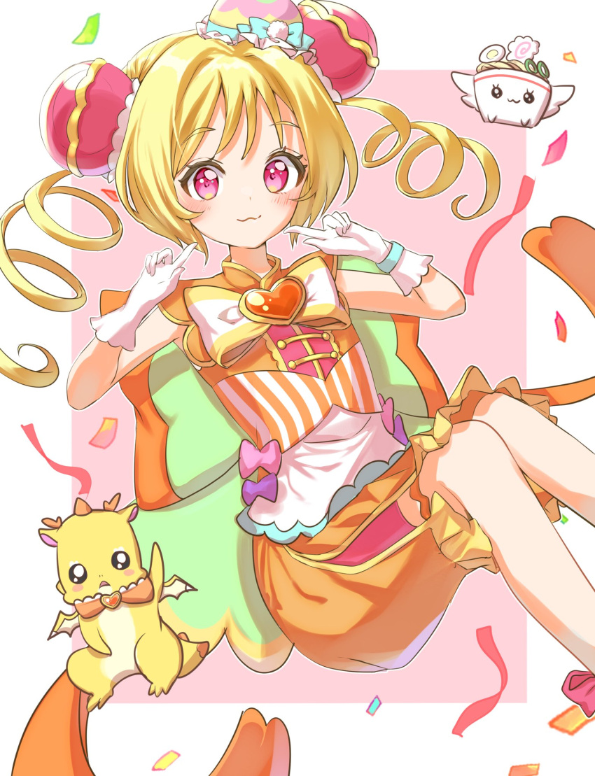 1girl :3 blonde_hair brooch bun_cover closed_mouth commentary_request confetti cure_yum-yum daopon delicious_party_precure dragon dress gloves hair_bun hanamichi_ran heart_brooch highres jewelry long_hair looking_at_viewer magical_girl mem-mem_(precure) orange_dress pink_background pointing pointing_at_self precure recipipi red_eyes triple_bun two_side_up white_gloves white_stripes