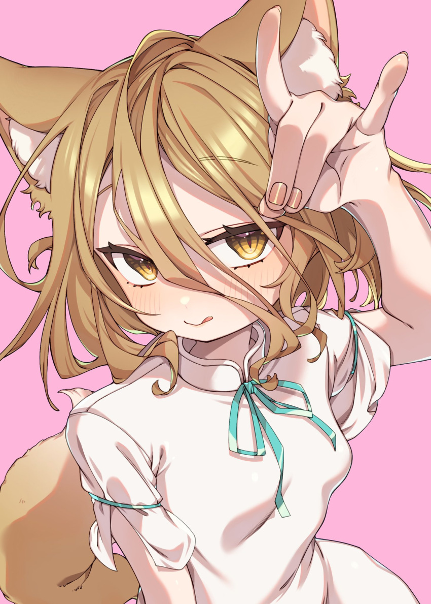 1girl animal_ears blonde_hair brown_eyes e_sdss fox_ears fox_girl fox_shadow_puppet fox_tail from_above green_ribbon highres kudamaki_tsukasa pink_background ribbon romper short_hair simple_background solo tail touhou white_romper yellow_eyes