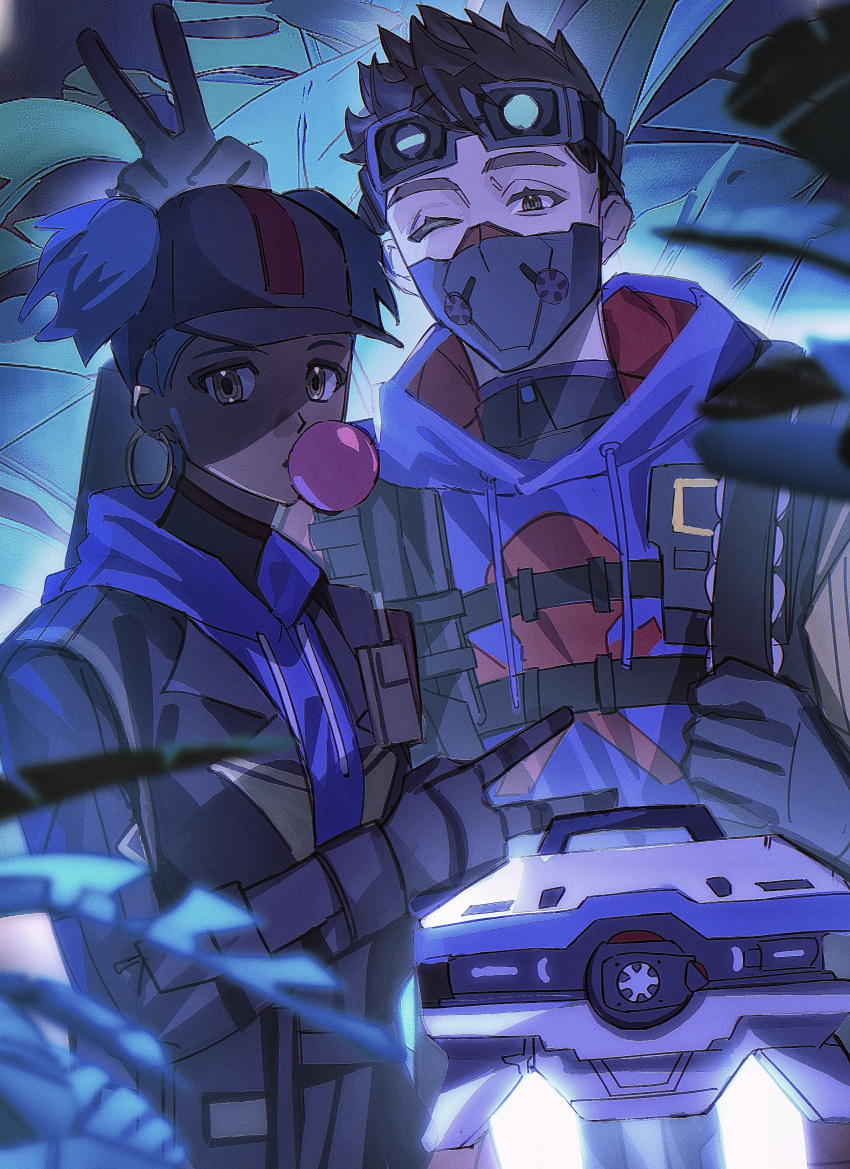 1boy 1girl absurdres animification apex_legends black_gloves black_jacket black_shirt blue_hair blue_hoodie blurry blurry_foreground brown_eyes brown_hair bunny_ears_prank chewing_gum d.o.c._health_drone dark-skinned_female dark_skin earrings gloves goggles goggles_on_head hair_behind_ear highres hood hood_down hoodie hoop_earrings jacket jewelry lifeline_(apex_legends) looking_at_viewer mask mischief_medic_lifeline mouth_mask non-humanoid_robot octane_(apex_legends) official_alternate_costume one_eye_closed plant robot shirt smile t.t.t twintails v