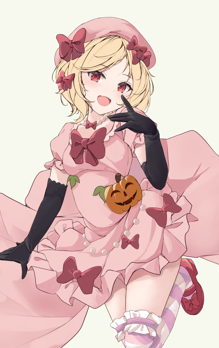 1girl absurdres beret black_gloves blonde_hair bow commentary dress dress_bow elbow_gloves gloves hat hat_bow highres jack-o'-lantern lambdadelta looking_at_viewer open_mouth orchid_(orukido) pink_dress pink_headwear pink_thighhighs red_bow red_eyes red_footwear short_hair simple_background solo striped striped_thighhighs thigh-highs umineko_no_naku_koro_ni white_thighhighs