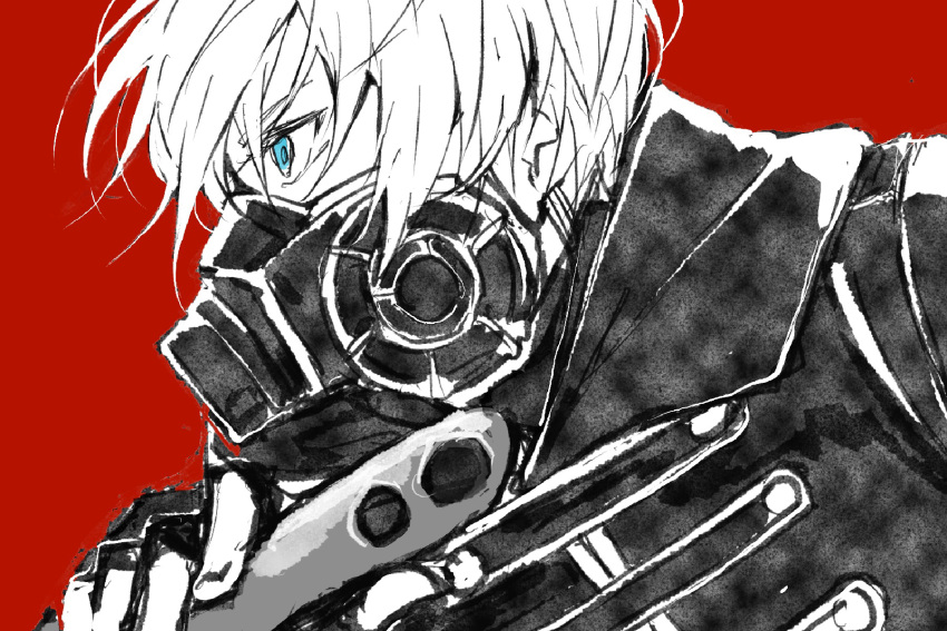 1boy amichi1005 black_gloves blue_eyes code_zero_uniform fingerless_gloves gas_mask gloves highres holding holding_knife holding_weapon knife looking_to_the_side male_focus mars_red mask military_uniform painting_(medium) partially_colored red_background suwa_(mars_red) traditional_media uniform watercolor_(medium) weapon white_hair