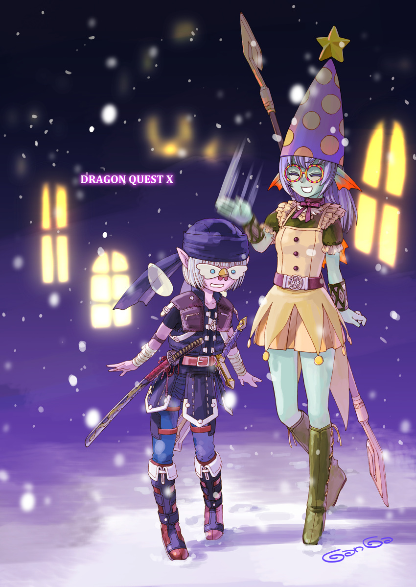 2girls ^_^ arm_at_side arm_wrap armor artist_name bandana belt black_headwear black_shirt black_vest blue_pants blunt_bangs blush blush_stickers boots breasts character_request closed_eyes collarbone colored_skin copyright_name dragon_quest dragon_quest_x dress elbow_pads english_text eye_contact faulds fins flat_chest footprints frilled_sleeves frills full_body ganga_(ganga_lub) glasses green_footwear green_shirt green_skin grey_hair grin hair_ornament hair_ribbon happy hat head_fins heel_up highres katana knee_boots light_blush long_hair looking_at_another miniskirt monster_girl motion_blur multiple_girls neck_ribbon one_eye_closed open_mouth orange_skirt outdoors pants pinafore_dress pink_skin pleated_skirt pointy_ears polearm purple_headwear red_ribbon ribbon round_eyewear sheath sheathed shirt short_dress short_hair short_sleeves shoulder_pads sidelocks signature skirt sleeveless sleeveless_dress small_breasts smile snow snowing spear standing star_(symbol) sword teeth vest weapon weapon_on_back white_hair window yellow_dress yellow_ribbon zipper zipper_pull_tab