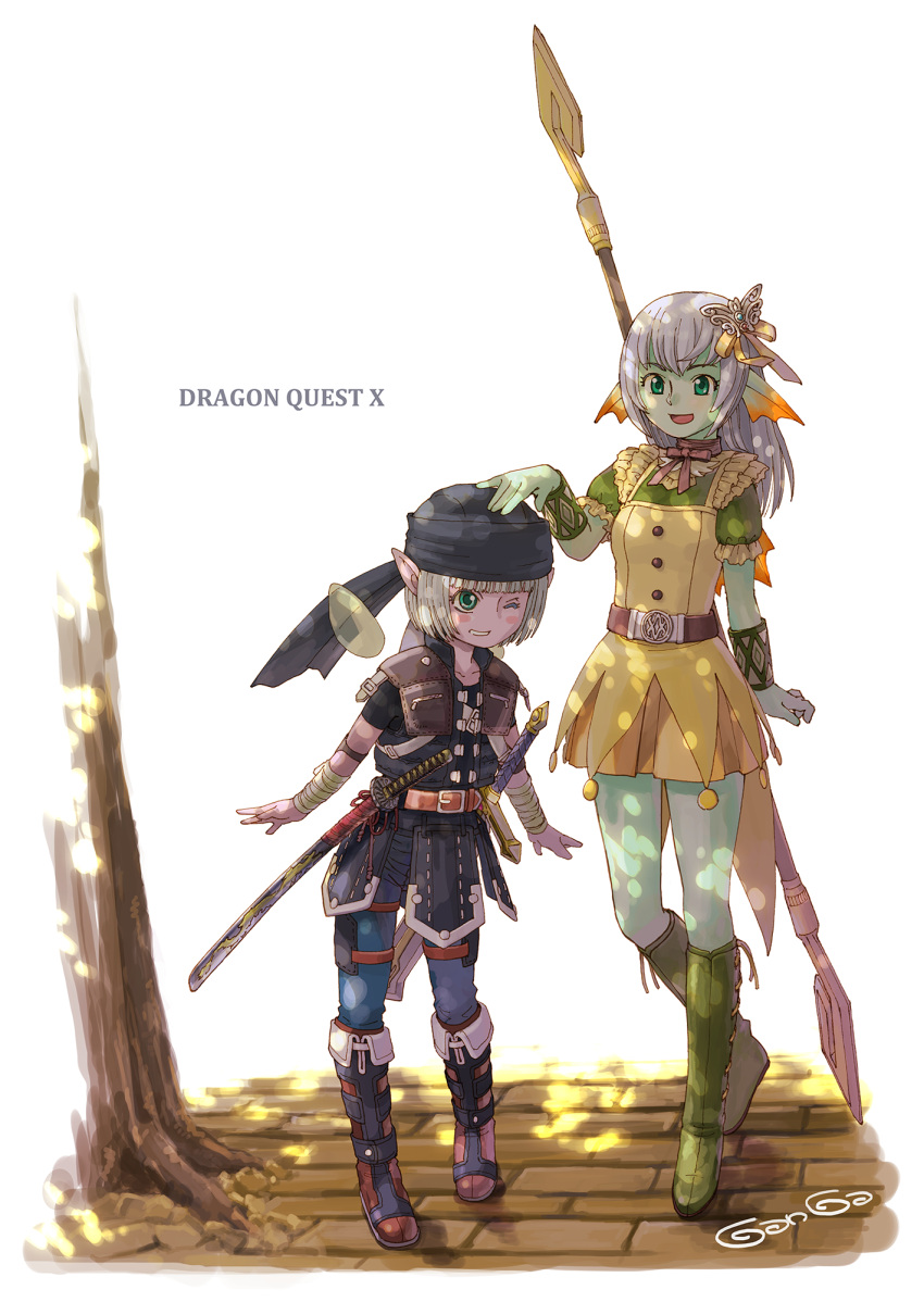 2girls arm_at_side arm_wrap armor artist_name bandana belt black_headwear black_shirt black_vest blue_pants blunt_bangs blush blush_stickers boots breasts character_request collarbone colored_skin commentary_request copyright_name dappled_sunlight dragon_quest dragon_quest_x dress elbow_pads english_text eye_contact faulds fins flat_chest frilled_sleeves frills full_body ganga_(ganga_lub) green_eyes green_footwear green_shirt green_skin grey_hair grin hair_ornament hair_ribbon hand_on_another's_head happy head_fins heel_up highres katana knee_boots long_hair looking_at_another miniskirt monster_girl multiple_girls neck_ribbon one_eye_closed open_mouth orange_skirt pants pinafore_dress pink_skin pleated_skirt pointy_ears polearm red_ribbon ribbon sheath sheathed shirt short_dress short_hair short_sleeves shoulder_pads sidelocks signature skirt sleeveless sleeveless_dress small_breasts smile spear standing sunlight sword teeth tree vest weapon weapon_on_back white_hair yellow_dress yellow_ribbon zipper zipper_pull_tab