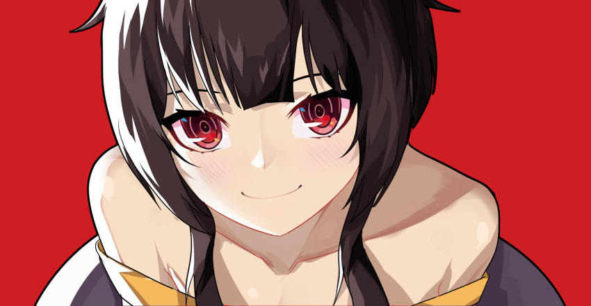1girl bare_shoulders black_hair blunt_bangs blush close-up closed_mouth collarbone commentary double-parted_bangs eyebrows_hidden_by_hair highres kono_subarashii_sekai_ni_shukufuku_wo! looking_at_viewer lyourika megumin red_background red_eyes ringed_eyes short_hair_with_long_locks sidelighting simple_background smile solo straight-on upturned_eyes