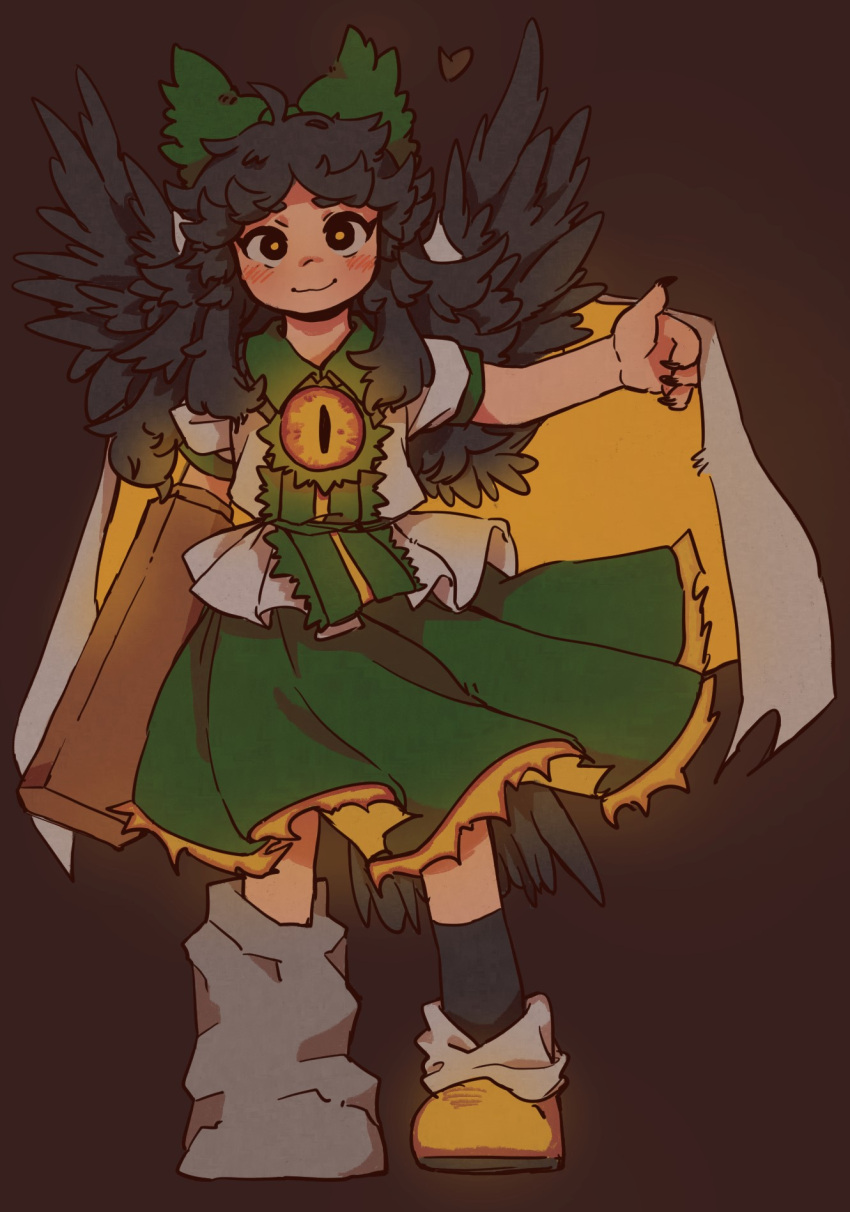 1girl :3 ahoge arm_cannon asymmetrical_footwear bird_tail bird_wings black_eyes black_hair black_nails black_socks black_wings bow cape closed_mouth collared_shirt commentary ezier full_body green_bow green_shirt green_skirt hair_bow highres long_hair looking_at_viewer reiuji_utsuho shirt short_sleeves skirt socks solo tail third_eye touhou two-sided_cape two-sided_fabric two-tone_shirt weapon white_cape white_shirt wings yellow_cape yellow_pupils