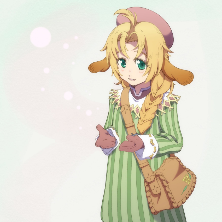 1girl bag blonde_hair braid braided_ponytail gloves green_eyes hat highres kaien_advance long_hair looking_at_viewer mariel_(wild_arms) open_mouth red_headwear shoulder_bag simple_background smile solo wild_arms wild_arms_1