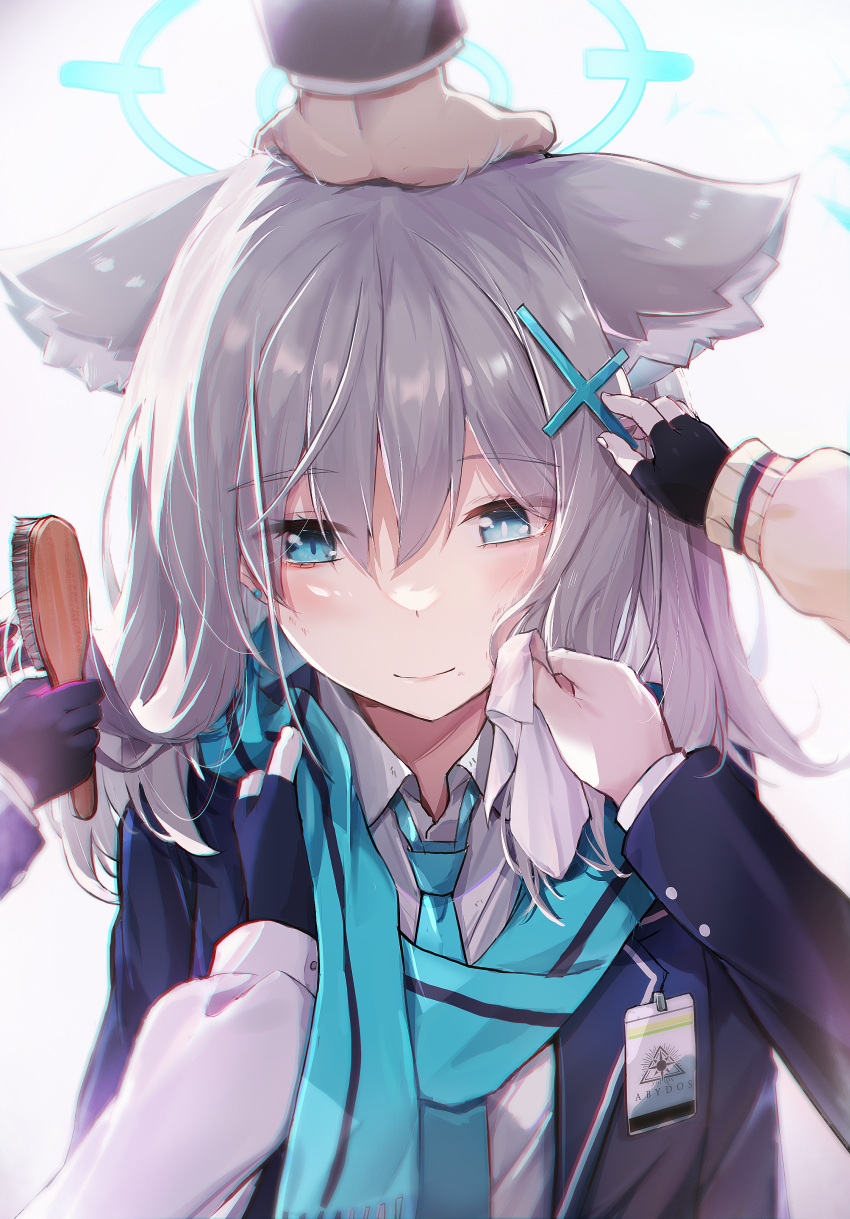 1boy 5girls absurdres aka_(440626) animal_ears ayane_(blue_archive) blue_archive blue_eyes blue_scarf cross_hair_ornament grey_hair hair_between_eyes hair_ornament halo hand_on_another's_head headpat highres hoshino_(blue_archive) long_hair multiple_girls nonomi_(blue_archive) out_of_frame scarf school_uniform sensei_(blue_archive) serika_(blue_archive) shiroko_(blue_archive) upper_body wolf_ears