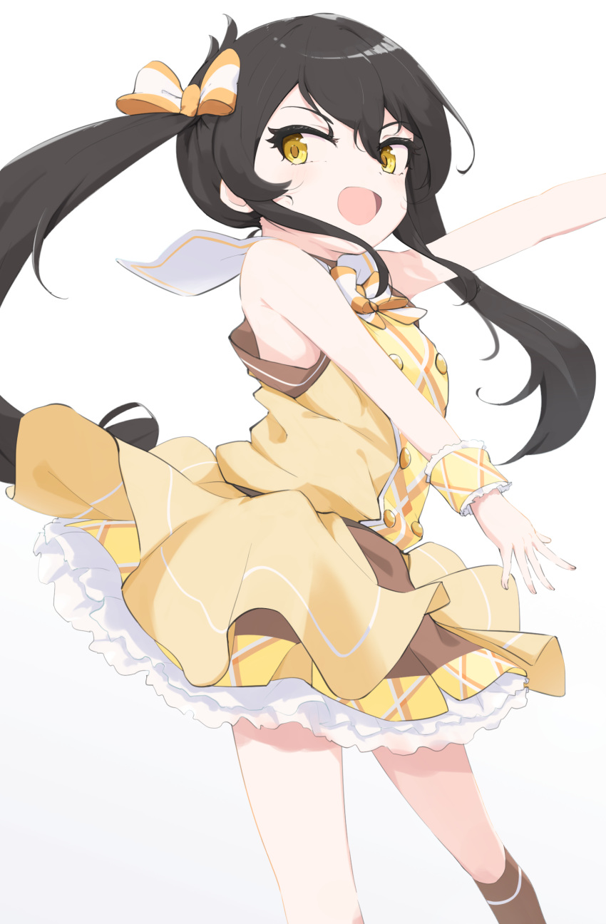 1girl absurdres bare_shoulders black_hair blush bow bowtie dress feet_out_of_frame hair_ribbon highres idolmaster idolmaster_cinderella_girls idolmaster_cinderella_girls_u149 long_hair matoba_risa nimomin open_mouth ribbon sailor_collar sidelocks simple_background sleeveless sleeveless_dress smile solo twintails white_background wrist_cuffs yellow_dress yellow_eyes