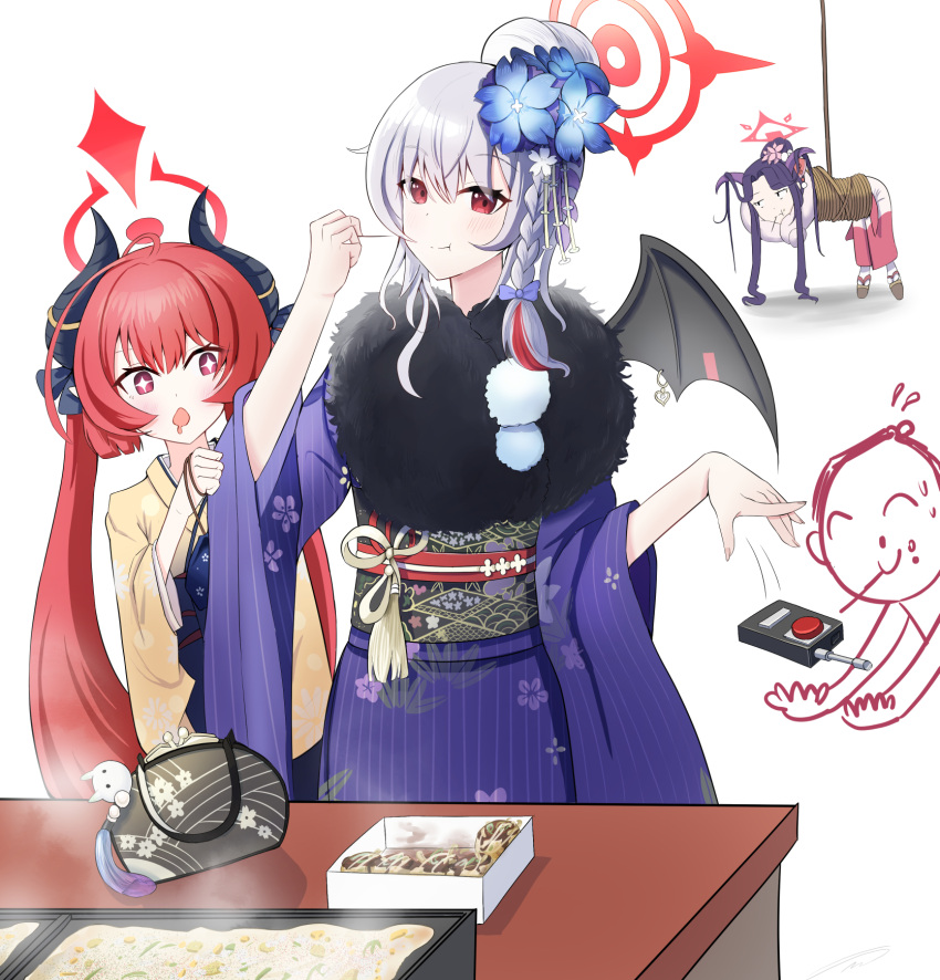 1boy 3girls arona's_sensei_doodle_(blue_archive) bag black_hair blue_archive bound braid controller demon_girl demon_horns demon_wings drooling eating flower food fur_scarf fuuka_(blue_archive) fuuka_(new_year)_(blue_archive) grey_hair hair_bun hair_flower hair_ornament halo handbag hanging haruna_(blue_archive) haruna_(new_year)_(blue_archive) highres holding holding_skewer horns japanese_clothes jetihyeon junko_(blue_archive) junko_(new_year)_(blue_archive) kimono looking_at_another multiple_girls obi obiage official_alternate_costume pointy_ears pouch red_eyes redhead remote_control rope sash sensei_(blue_archive) single_braid single_hair_bun single_wing skewer table takoyaki throwing tied_up_(nonsexual) white_background wings