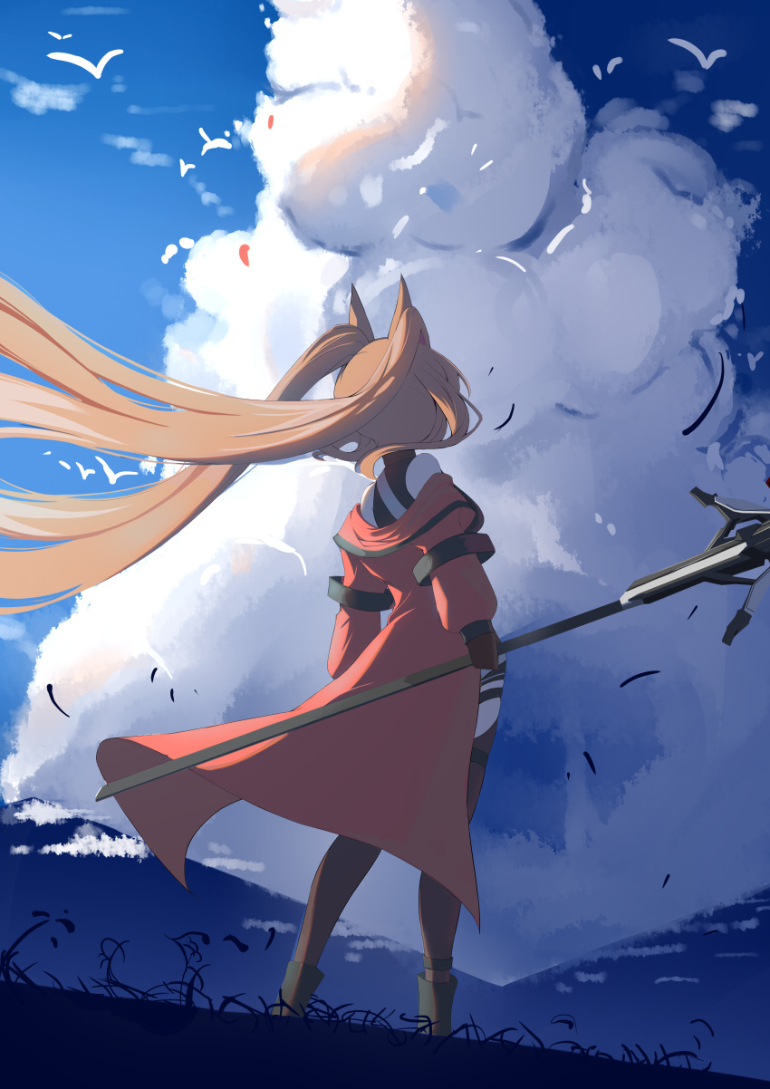 1girl absurdres angelina_(arknights) angelina_(distinguished_visitor)_(arknights) animal_ears arknights black_thighhighs blue_sky brown_hair clouds cloudy_sky coat floating_hair fox_ears fox_girl grass highres holding holding_staff lahz52 long_hair off_shoulder open_clothes open_coat outdoors red_coat scenery sky solo staff thigh-highs twintails very_long_hair