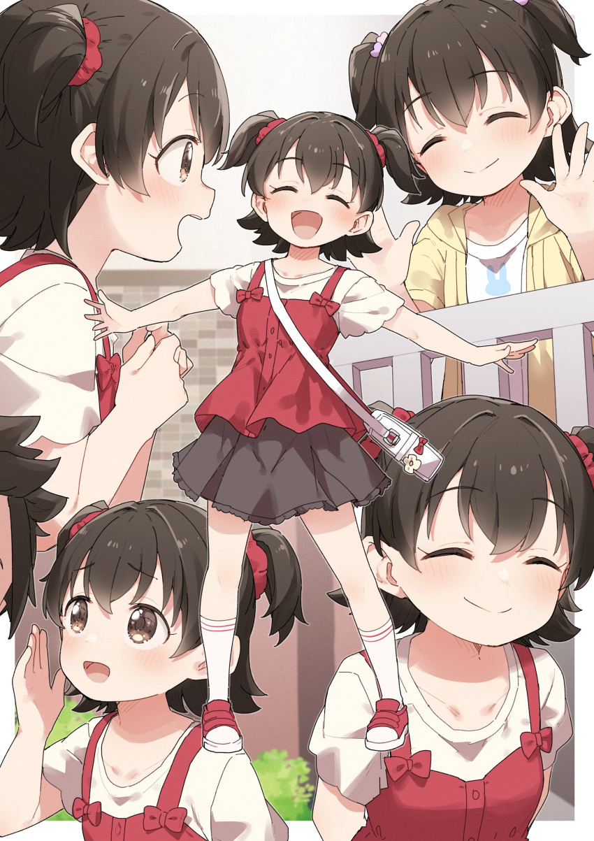 1boy 1girl :d ^_^ absurdres akagi_miria black_skirt blush brown_eyes brown_hair closed_eyes closed_mouth commentary_request full_body highres idolmaster idolmaster_cinderella_girls idolmaster_cinderella_girls_u149 multiple_views open_mouth outstretched_arms producer_(idolmaster) red_footwear shirt shoes short_hair short_sleeves skirt smile socks two_side_up white_shirt white_socks yukie_(kusaka_shi)