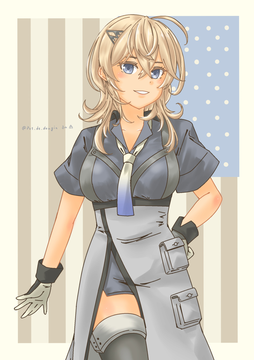 1girl absurdres american_flag_background black_thighhighs blonde_hair blue_eyes blue_neckerchief blue_shirt blue_skirt breasts collared_shirt colored_inner_hair commentary_request cowboy_shot gloves gradient_neckerchief grey_skirt highres kantai_collection large_breasts medium_breasts military military_uniform multicolored_hair neckerchief overskirt parted_lips pencil_skirt pot-de shirt skirt solo thigh-highs tuscaloosa_(kancolle) two-tone_gloves uniform white_gloves