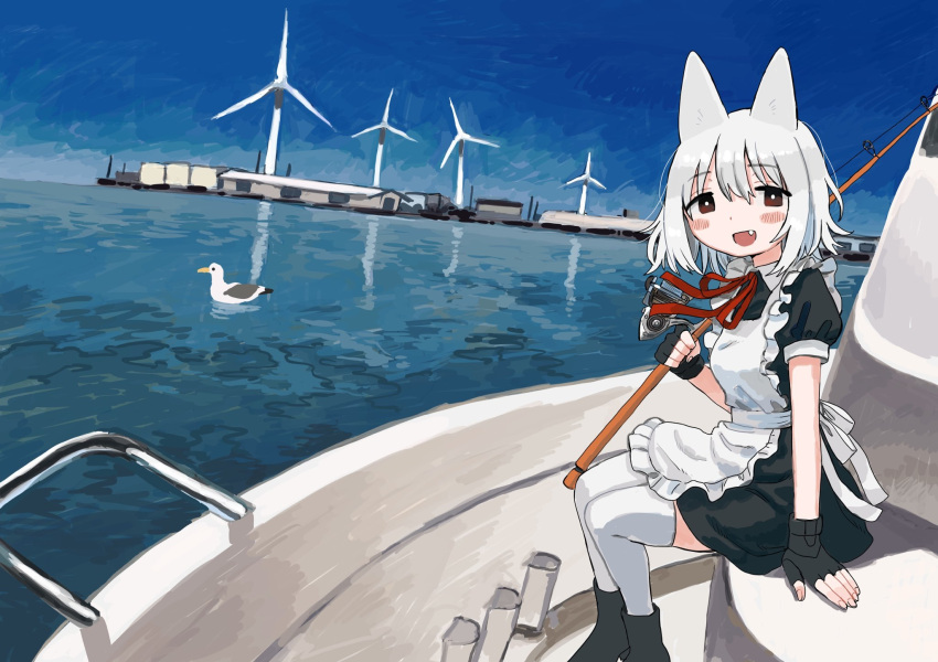 1girl afloat animal_ears apron arm_support bird black_dress black_footwear black_gloves blue_sky blush_stickers boat boots bright_pupils building cat_ears cat_girl collared_dress commentary_request day dress dutch_angle fang fingerless_gloves fishing_rod frilled_apron frills from_side gloves highres holding holding_fishing_rod looking_at_viewer looking_to_the_side maid maid_apron neck_ribbon ocean open_mouth original outdoors over_shoulder puffy_short_sleeves puffy_sleeves red_eyes red_ribbon reflection reflective_water ribbon scenery seagull short_hair short_sleeves sitting sky smile solo tareme thigh-highs watercraft white_hair white_pupils white_thighhighs wind_turbine zinbei