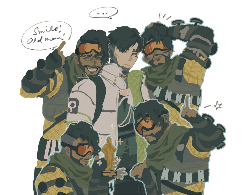 ... 5boys annoyed apex_legends black_eyes black_gloves black_hair black_pants black_shirt bodysuit clone crypto_(apex_legends) english_commentary english_text facial_hair fingerless_gloves gloves goatee goggles goggles_on_head green_scarf green_vest grey_jacket hair_behind_ear highres holding_trophy hologram jacket looking_to_the_side mao_ke mirage_(apex_legends) multiple_boys pants pointing pointing_down pointing_up puckered_lips scar scar_across_eye scarf shirt sketch smile spoken_ellipsis too_much_witt vest yellow_bodysuit