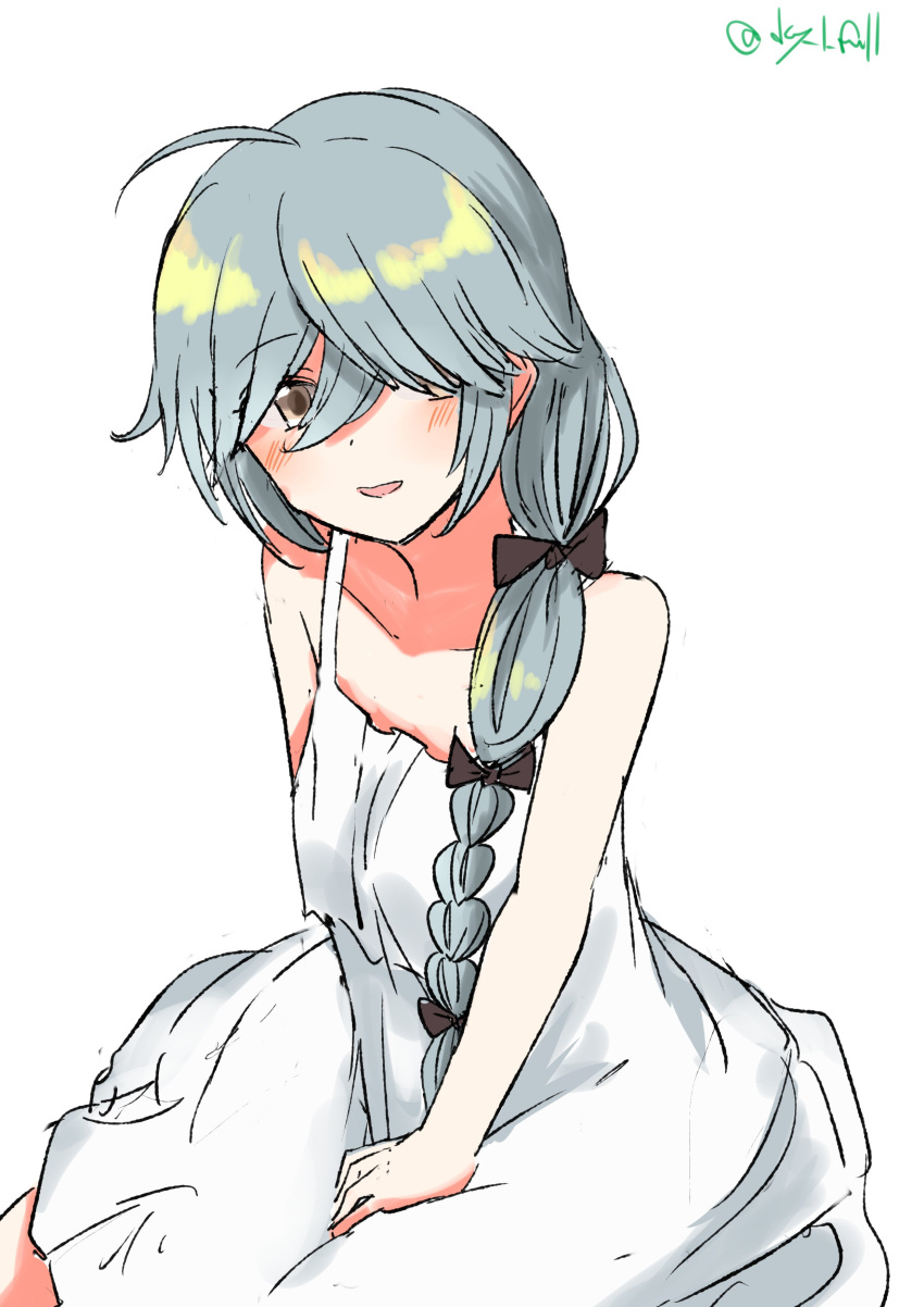 1girl absurdres ahoge alternate_costume black_ribbon braid brown_eyes dress grey_hair hair_over_eyes hair_ribbon hamanami_(kancolle) highres kantai_collection long_hair one-hour_drawing_challenge ribbon robinson_(day_l_full) simple_background single_braid sitting solo spaghetti_strap sundress white_background white_dress