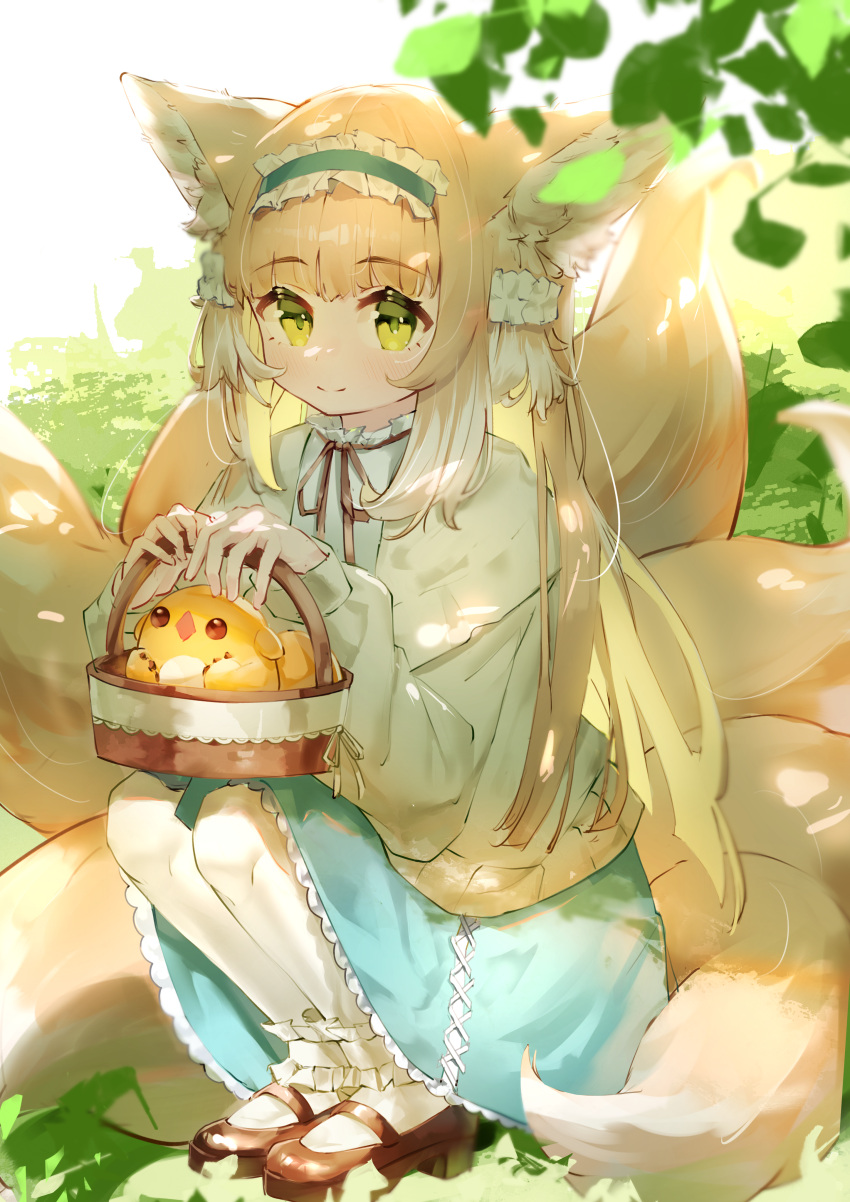 1girl absurdres animal_ear_fluff animal_ears ankle_socks arknights basket bidiu_(the_legend_of_luoxiaohei) blonde_hair blue_hairband blue_skirt blunt_ends bobby_socks brown_footwear cardigan commentary_request crossover fox_ears fox_girl fox_tail frilled_hairband frills full_body green_eyes hair_ornament hair_scrunchie hairband highres holding holding_basket kirigirisu1221 kitsune kyuubi long_hair long_sleeves luo_xiaohei_zhanji mary_janes multicolored_hair multiple_tails neck_ribbon official_alternate_costume open_cardigan open_clothes outdoors partial_commentary puffy_long_sleeves puffy_sleeves red_ribbon ribbon scrunchie shirt shoes skirt sleeve_cuffs socks solo spring_(season) squatting stitches suzuran_(arknights) suzuran_(spring_praise)_(arknights) tail two-tone_hair white_hair white_shirt white_socks yellow_cardigan