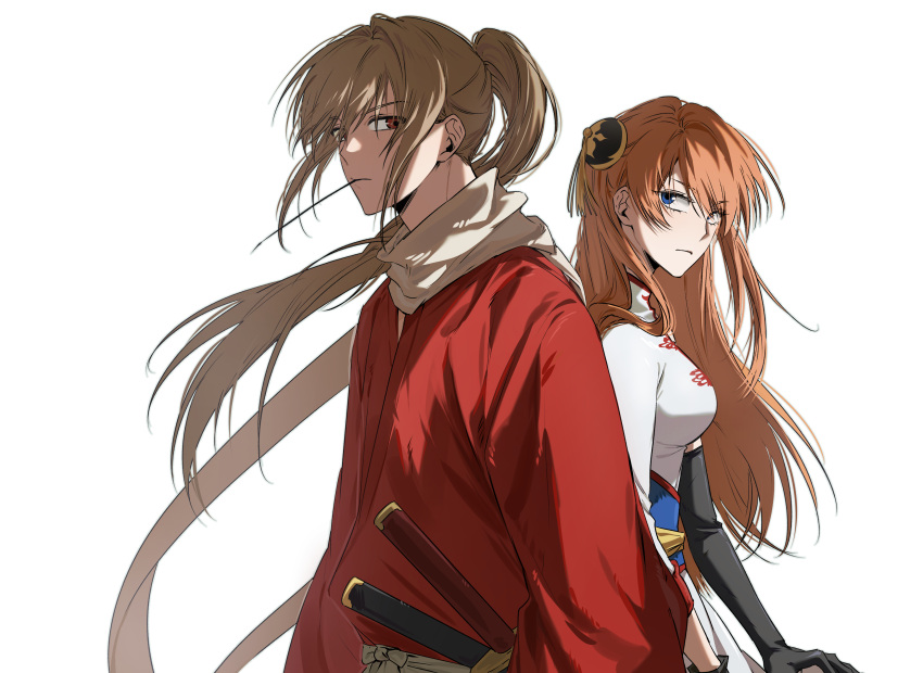 1boy 1girl absurdres aged_up blue_eyes brown_hair bun_cover china_dress chinese_clothes dress fhsfhsxodi gintama hadanugi_dousa hair_bun highres japanese_clothes kagura_(gintama) kimono long_hair okita_sougo open_clothes open_kimono orange_hair red_eyes