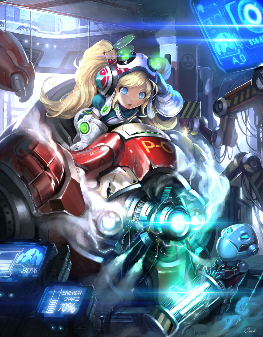 1girl absurdres blonde_hair blue_eyes bodysuit concept_art electricity gloves hair_bobbles hair_ornament helmet highres holographic_interface indoors mecha mixed-language_commentary p.e.k.k.a_(fire-sprit) robot twintails white_gloves wire