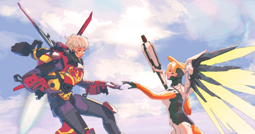 2girls absurdres apex_legends birthright_valkyrie blonde_hair bodysuit breasts brown_eyes clouds crossover energy_wings flying gloves grey_hair headwear_removed helmet helmet_removed highres holding holding_helmet holding_staff jetpack lu_xianling medium_breasts mercy_(overwatch) missile_pod multiple_girls open_hand outstretched_arm overwatch purple_bodysuit purple_gloves short_hair sky staff valkyrie_(apex_legends) white_bodysuit yellow_headwear
