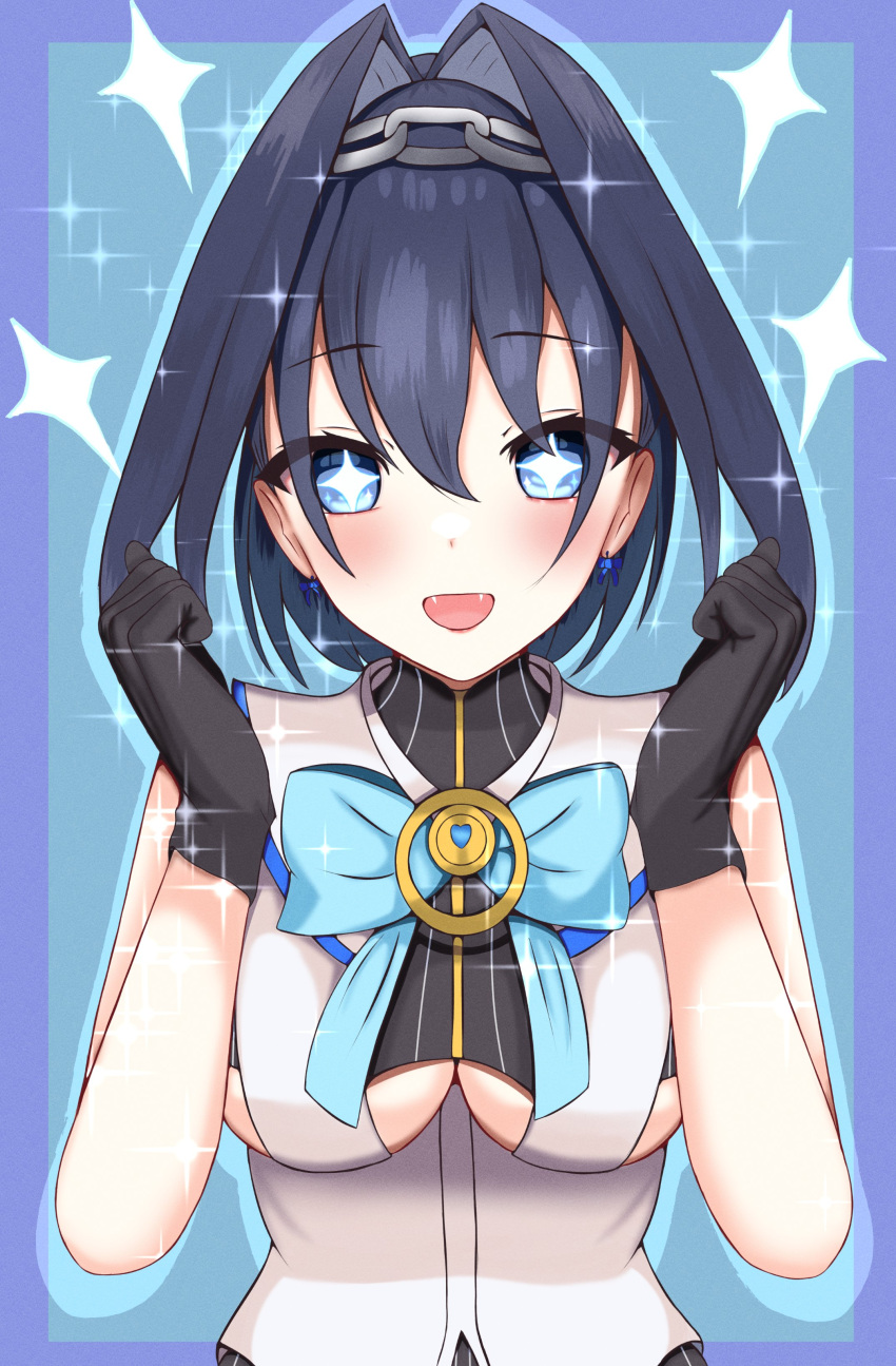 1girl absurdres black_gloves blue_eyes blue_hair blue_ribbon breasts gloves highres hololive hololive_english looking_at_viewer ouro_kronii panpanmc4 ribbon sparkling_eyes under_boob virtual_youtuber