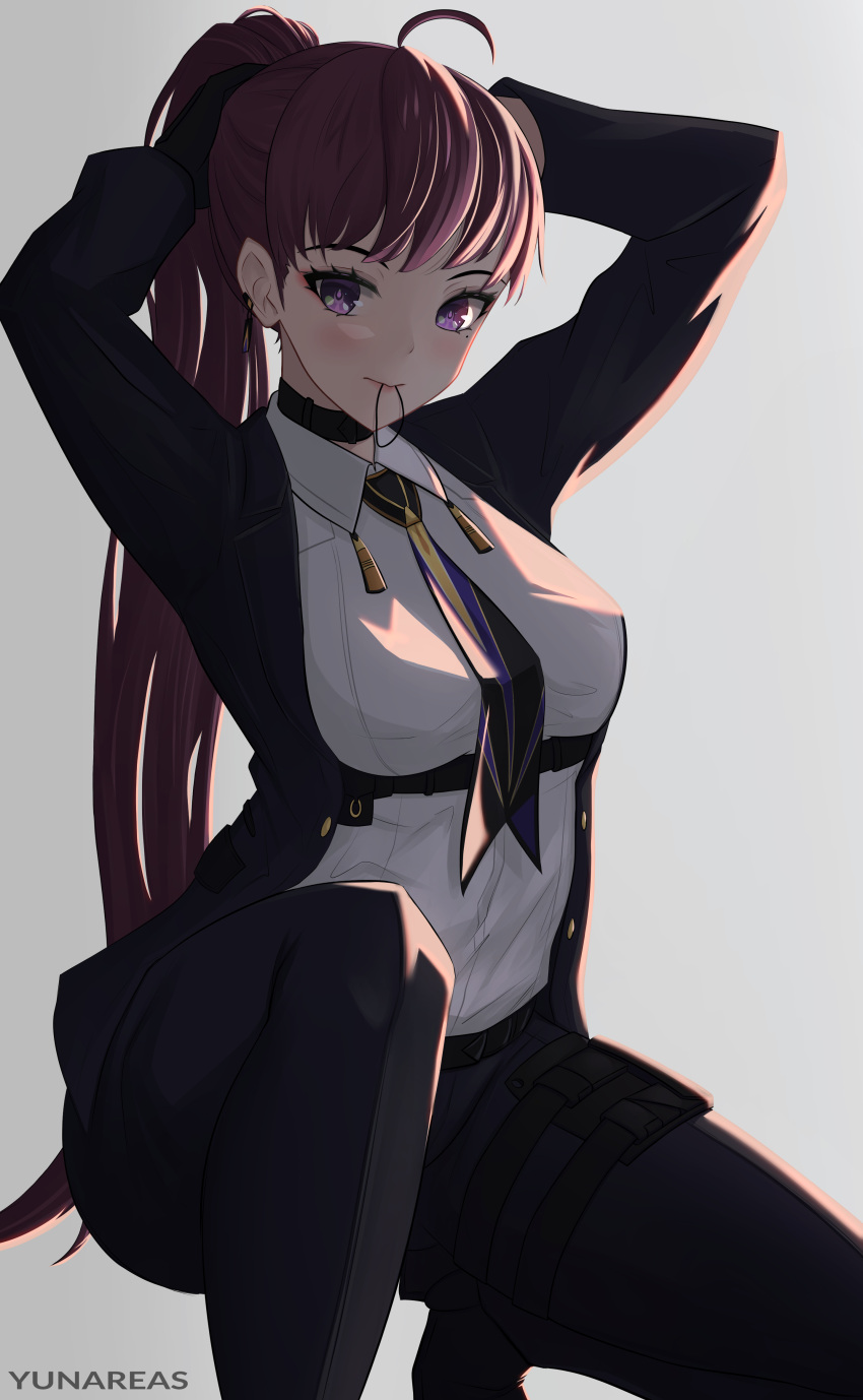 1girl absurdres adjusting_hair ahoge arms_up artist_name black_choker black_gloves black_jacket black_pants black_suit blush breasts choker closed_mouth collared_shirt commentary dolla_(nikke) dress_shirt earrings english_commentary eyelashes eyeshadow feet_out_of_frame formal gloves goddess_of_victory:_nikke grey_background hair_tie_in_mouth highres jacket jewelry light_smile long_hair long_sleeves looking_at_viewer makeup medium_breasts mole mole_under_eye mouth_hold necktie open_clothes open_jacket pants purple_hair purple_necktie red_eyeshadow shirt shirt_tucked_in simple_background smile solo squatting suit tying_hair underbust violet_eyes white_shirt wing_collar yunareas