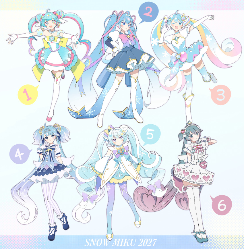 :d :o absurdres agonasubi ahoge aqua_dress aqua_eyes aqua_hair arm_behind_back arm_scrunchie bare_shoulders blonde_streaks blue_bow blue_bowtie blue_choker blue_dress blue_eyes blue_hair blue_pantyhose blue_ribbon blue_shoes blue_skirt blue_thighhighs blunt_bangs blush blush_stickers boots bow bowtie brooch center_frills character_name choker circlet collarbone commentary_request contrapposto curly_hair detached_sleeves double_bun dress dress_under_shirt earrings eighth_note elbow_gloves everyone fake_wings fingerless_gloves frilled_cuffs frilled_dress frilled_sleeves frilled_socks frilled_thighhighs frills full_body gloves gold_trim gradient_hair gradient_pantyhose gradient_thighhighs hair_bow hair_bun hair_intakes hair_ornament hair_ribbon hand_on_own_hip hand_up hatsune_miku headdress heart heart-shaped_hair heart_ahoge heart_brooch heart_earrings heart_hair_ornament heart_ornament heart_print high_heels highres hoop_skirt jetpack jewelry layered_dress layered_gloves layered_skirt layered_sleeves legs_together letterboxed long_hair looking_at_viewer multicolored_hair multicolored_ribbon musical_note musical_note_hair_ornament one_eye_closed open_mouth outstretched_arm outstretched_arms pantyhose pink_bow pink_bowtie pink_hair pink_ribbon pink_streaks puffy_short_sleeves puffy_sleeves purple_bow purple_bowtie purple_pantyhose quad_tails ribbon shirt shoes short_sleeves short_twintails skirt smile snowball snowflake_brooch snowflake_hair_ornament snowflake_in_eye snowflake_ornament snowflake_print socks speech_bubble standing standing_on_one_leg star_(symbol) star_hair_ornament star_in_eye star_ornament strapless strapless_dress streaked_hair striped_bow striped_bowtie striped_clothes striped_pantyhose striped_ribbon symbol_in_eye thigh-highs thigh_boots twintails two-tone_hair v-shaped_eyebrows vertical-striped_clothes vertical-striped_pantyhose very_long_hair vocaloid waist_bag waving white_boots white_dress white_gloves white_hair white_pantyhose white_shirt white_sleeves white_socks white_streaks white_thighhighs wing_hair_ornament winged_shoes wings yellow_bow yuki_miku yuki_miku_(2027) yuki_miku_(2027)_(candidate_no.1) yuki_miku_(2027)_(candidate_no.2) yuki_miku_(2027)_(candidate_no.3) yuki_miku_(2027)_(candidate_no.4) yuki_miku_(2027)_(candidate_no.5) yuki_miku_(2027)_(candidate_no.6) zettai_ryouiki