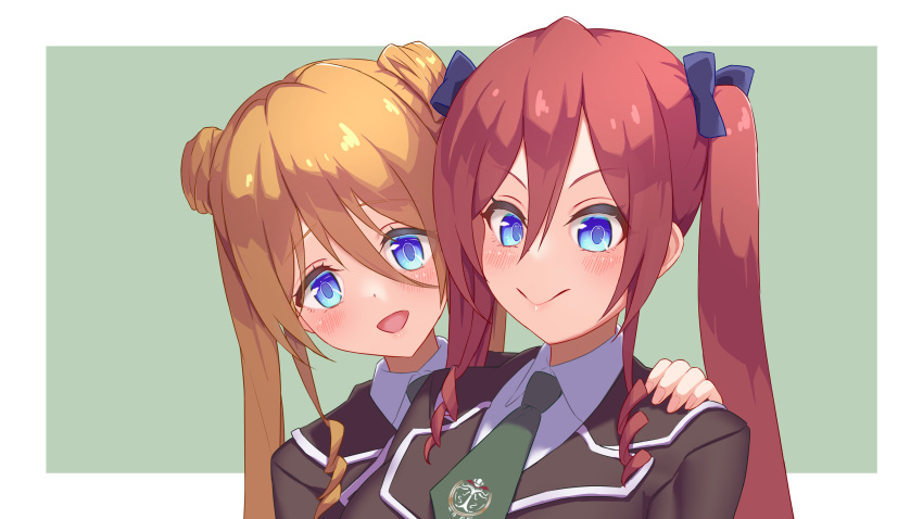 2girls :&gt; :d assault_lily behind_another black_jacket blue_bow blue_eyes blush border bow braid collared_shirt commentary_request drill_hair emblem fingernails green_background green_necktie hair_between_eyes hair_bow hand_on_another's_shoulder hand_up highres jacket kusakabe_murasame kusakabe_rengetsu long_bangs looking_at_viewer multiple_girls necktie open_mouth orange_hair outside_border peeking_out portrait redhead school_uniform shirt short_necktie siblings sidelocks simple_background sisters smile twin_braids twin_drills twintails ueharu v-shaped_eyebrows white_border white_shirt
