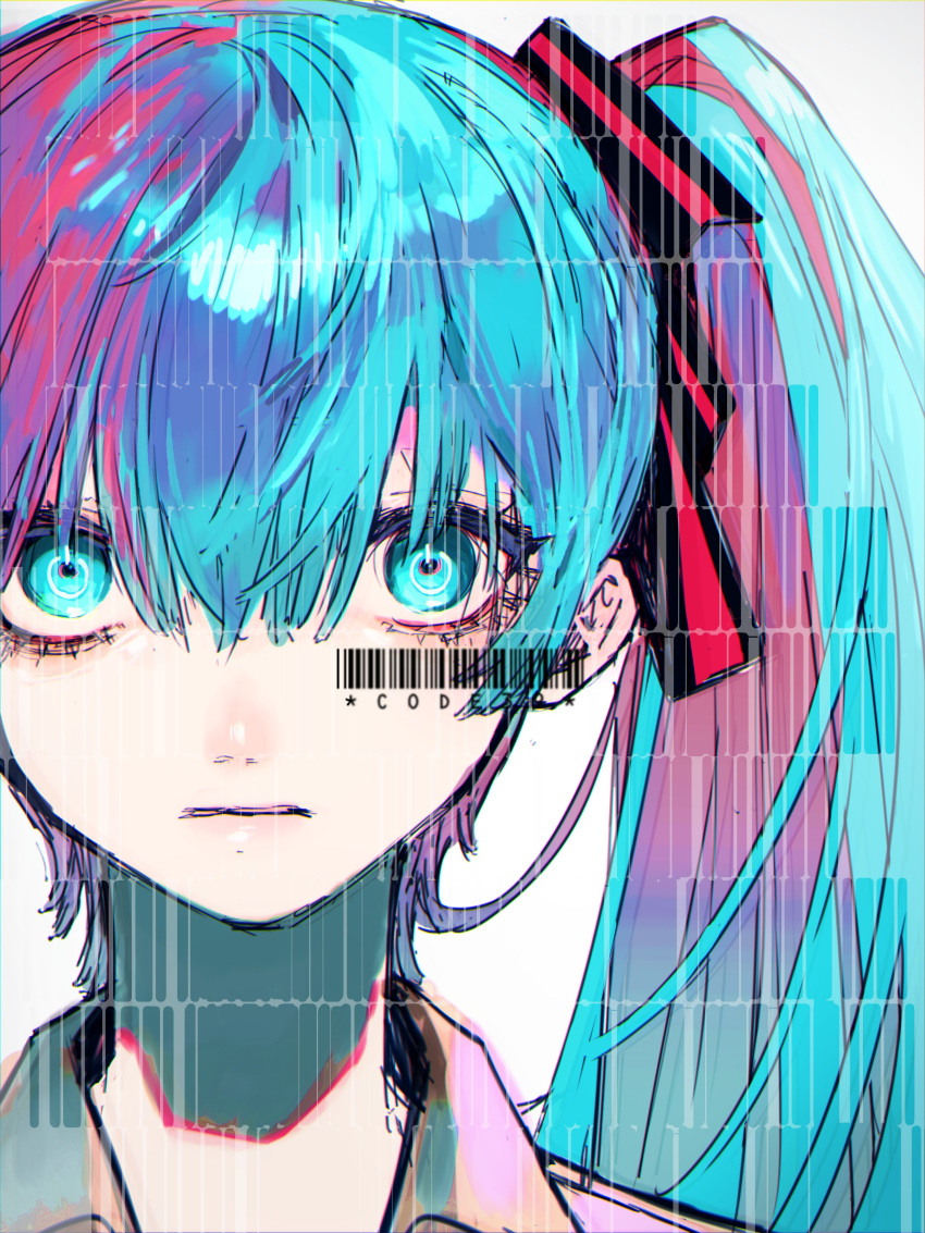 1girl absurdres barcode blue_eyes blue_hair hatsune_miku highres kyoma_(yuhi) long_bangs long_hair miku_day solo twintails very_long_hair vocaloid wide-eyed